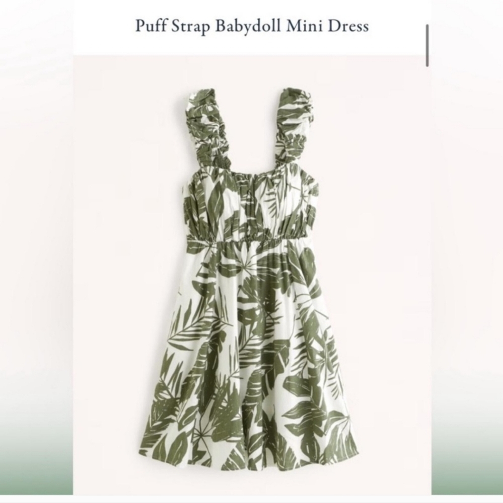 Abercrombie & Fitch Green and White Puff Strap Babydoll Mini Dress